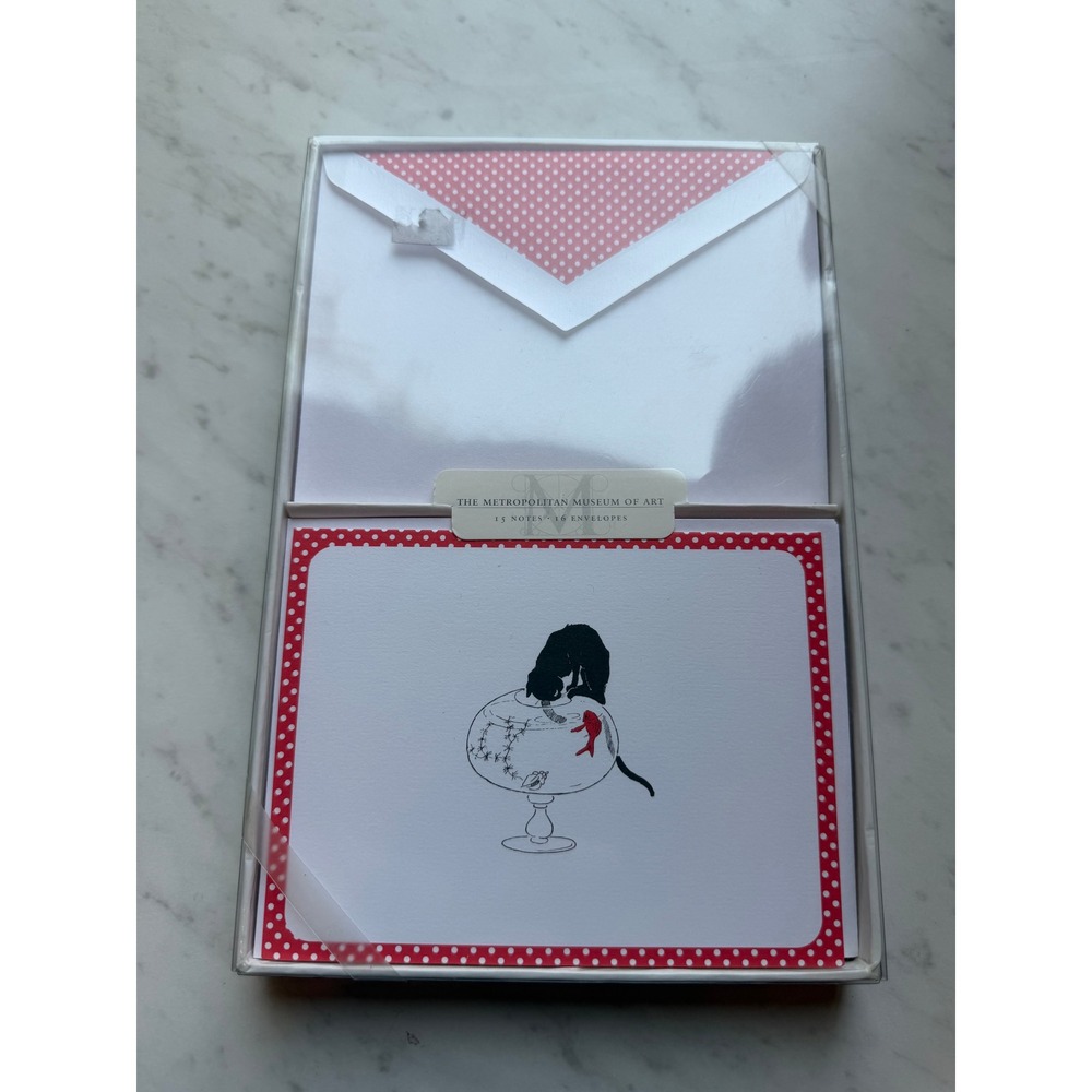 VTG Metropolitan Museum of Art Cat Note Cards  Red White Polka Dot Stationery